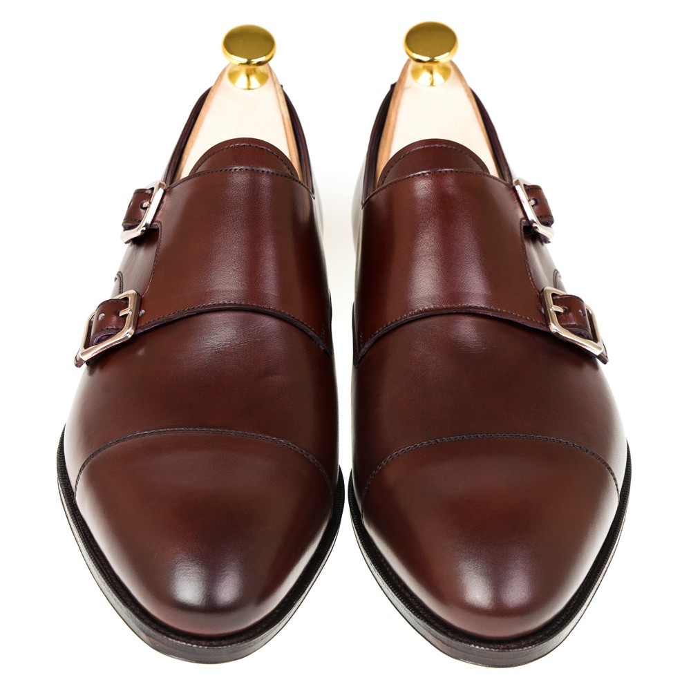 Front view of brown leather double monk strap shoes for men-Colinshoes