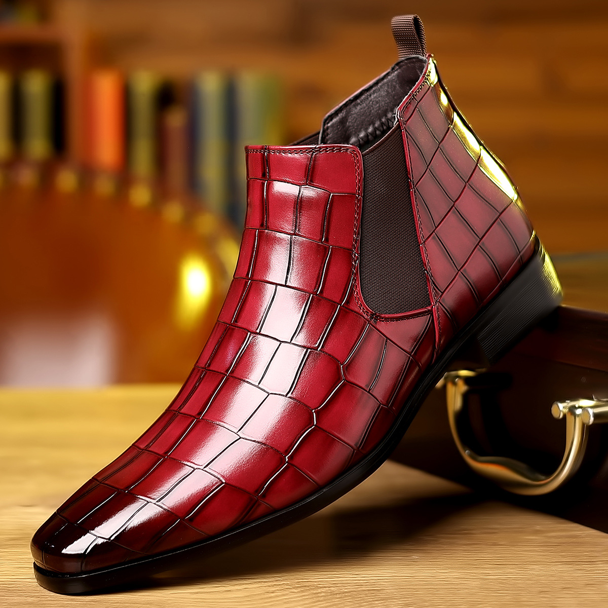 Crocodile Embossed Leather Chelsea Boots