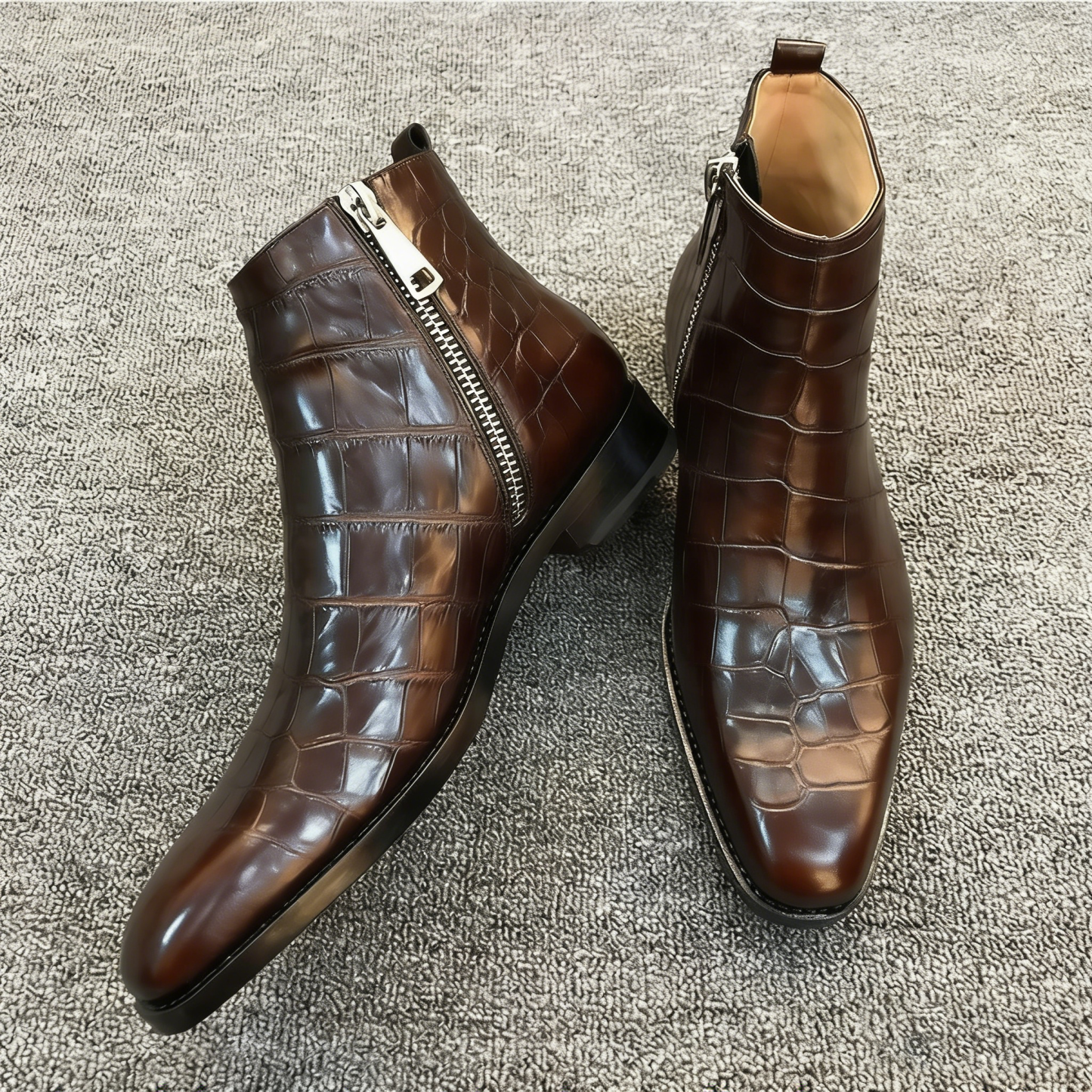 Luxury Black Croc Texture Zipper Dress Boots