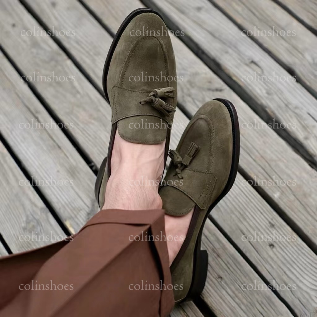 Quiet Luxury Olive Green Suede Tassel Loafers