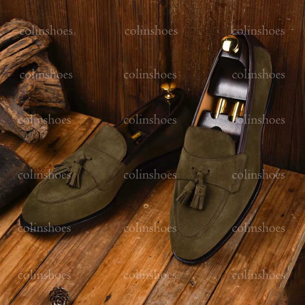 Quiet Luxury Olive Green Suede Tassel Loafers