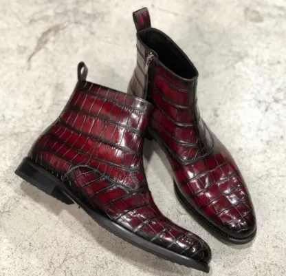 Burgundy Crocodile Embossed Leather Zipper Boots