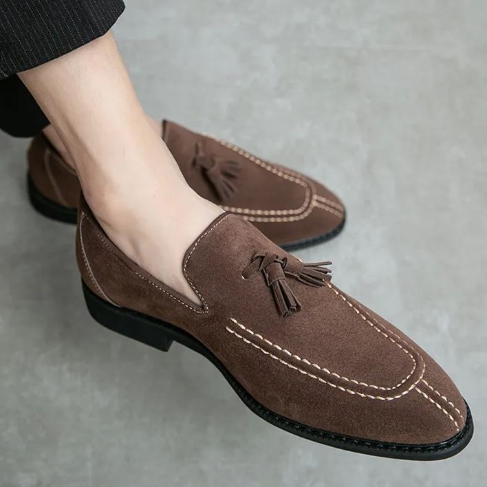 suede tassel loafers with moc toe stitching