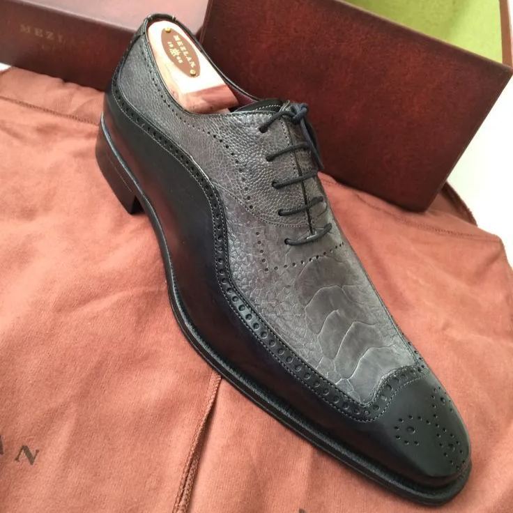 Gray Black Two-tone Wingtip Exotic Leather Oxford -Colinshoes