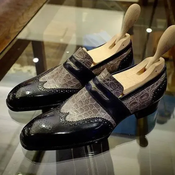 Unique Croc Texture & Wingtip Penny Loafers-Colinshoes