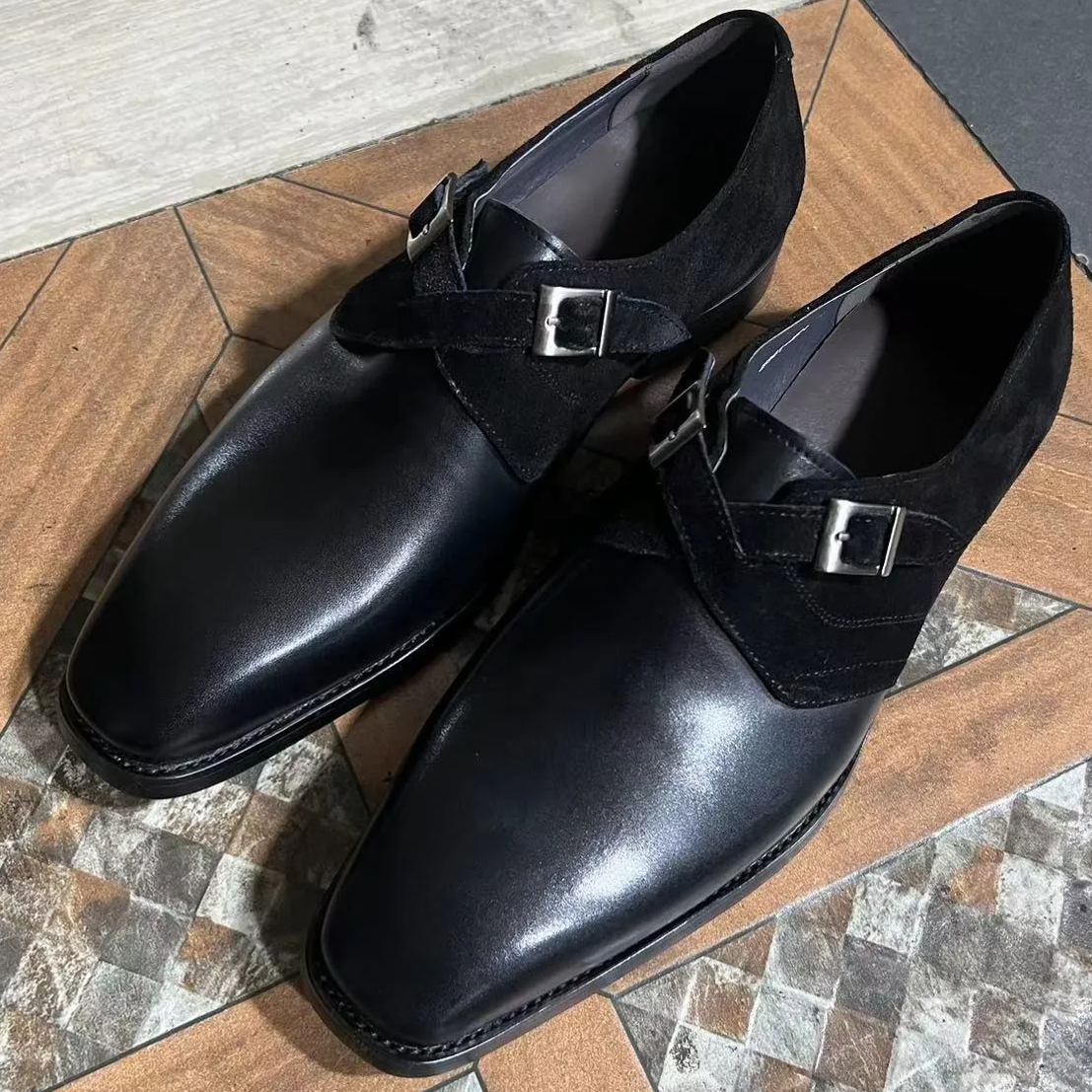 Suede-Leather Hybrid Cross-Buckle Slip-Ons-Colinshoes