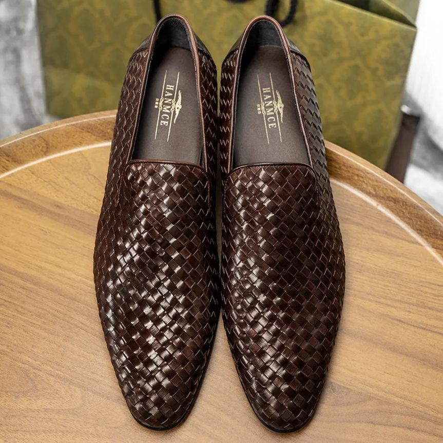 Men’s woven leather loafers in brown with luxury look-Colinshoes
