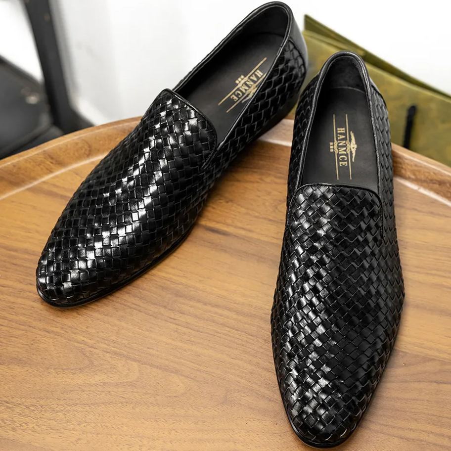 Seamless Woven Leather Business Travel Loafers-Colinshoes