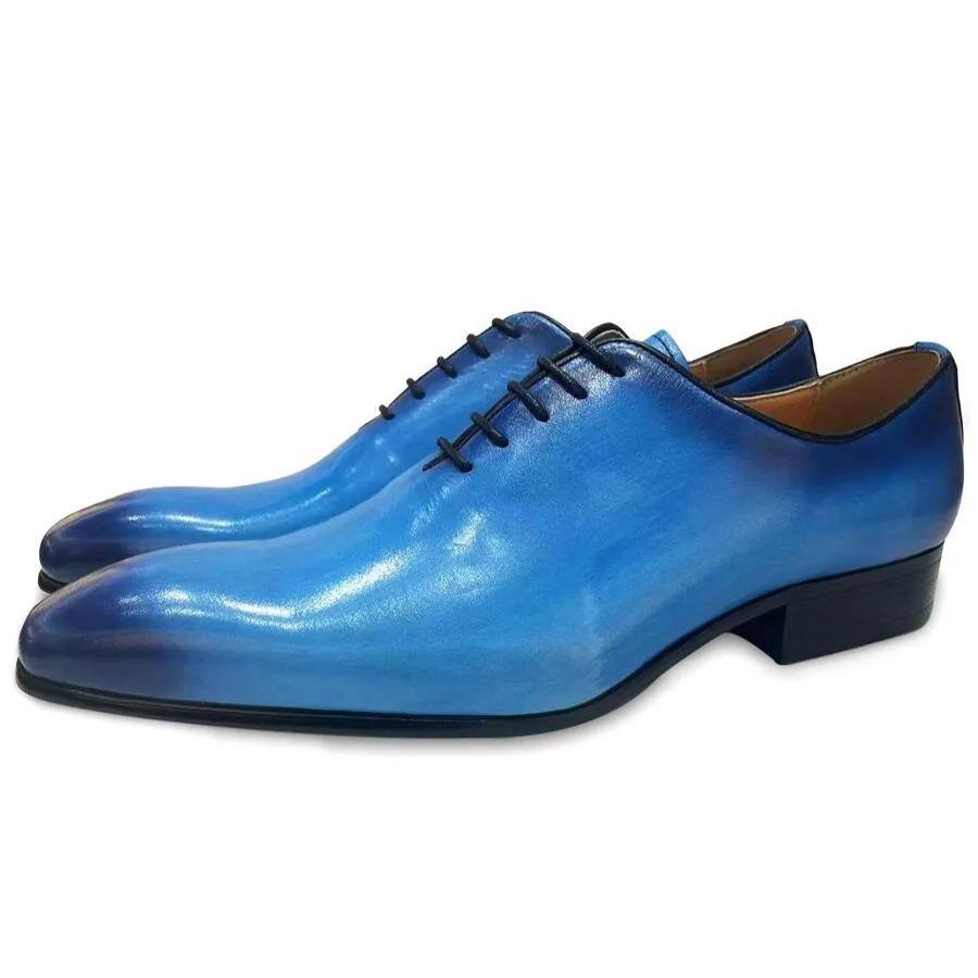 Shiny Blue Wholecut Leather Oxford Dress Shoes-Colinshoes