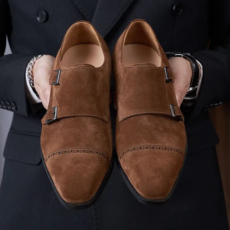 Brown suede monk strap shoes with dual buckle front view-Colinshoes
