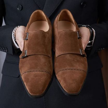Brown suede monk strap shoes with dual buckle front view-Colinshoes