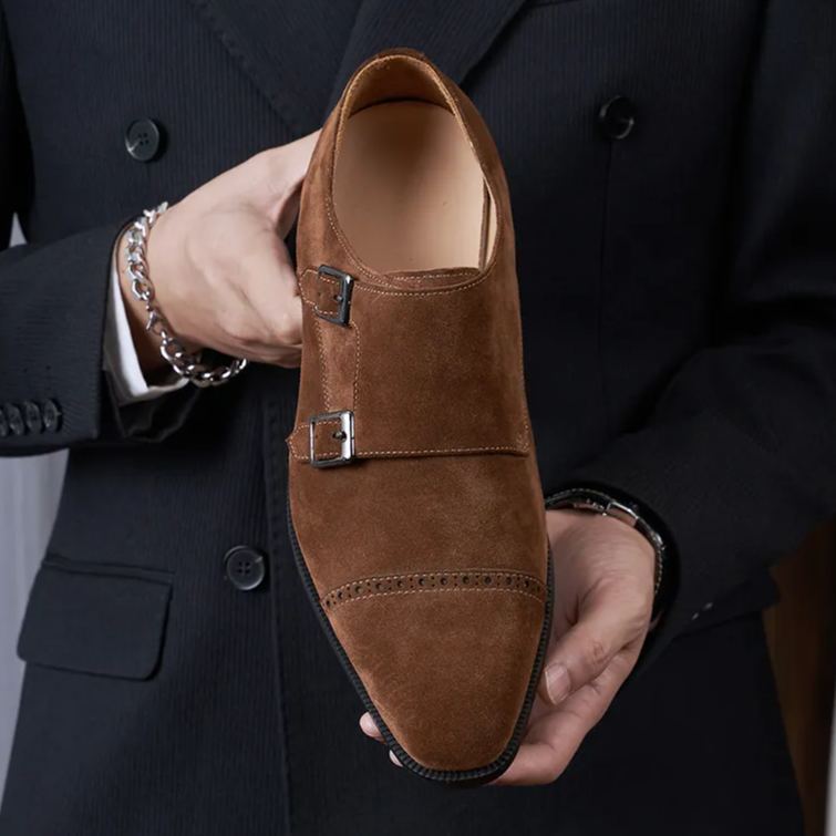 Smart Casual Suede Double Monk Strap Shoes-Colinshoes