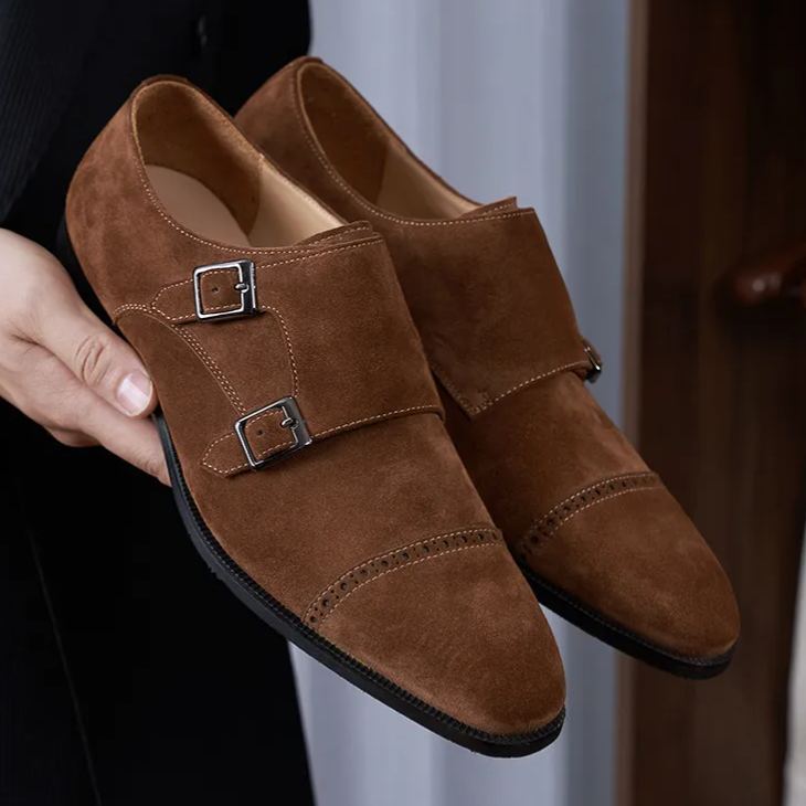 Left angled view of suede double monk strap formal shoes-Colinshoes