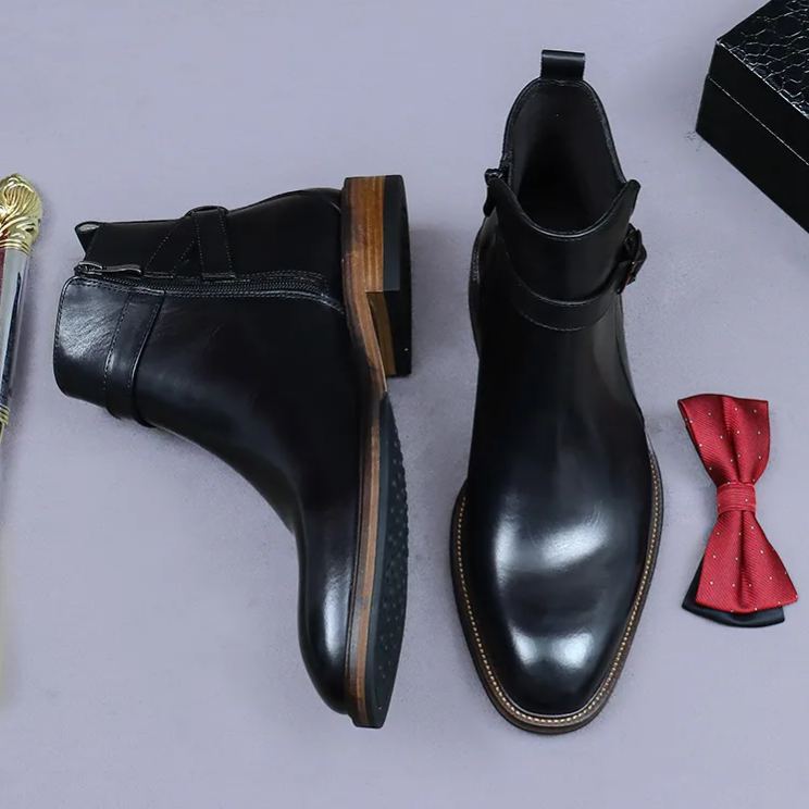 Elegant Side-Zip Buckle Leather Ankle Boots-Colinshoes