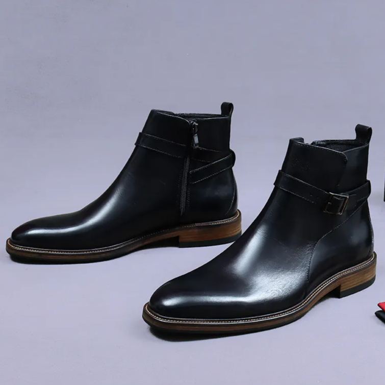 Elegant Side-Zip Buckle Leather Ankle Boots-Colinshoes