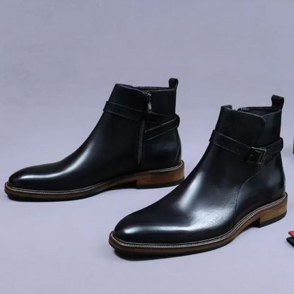 Elegant Side-Zip Buckle Leather Ankle Boots-Colinshoes