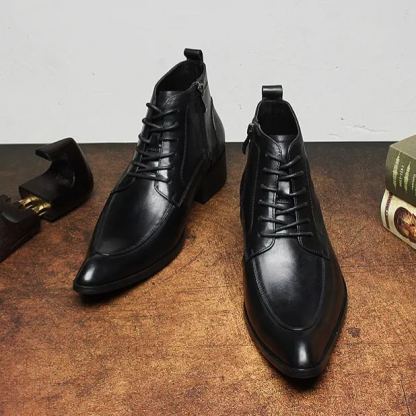 Front top view of black pointed toe leather dress boots for men-Colinshoes