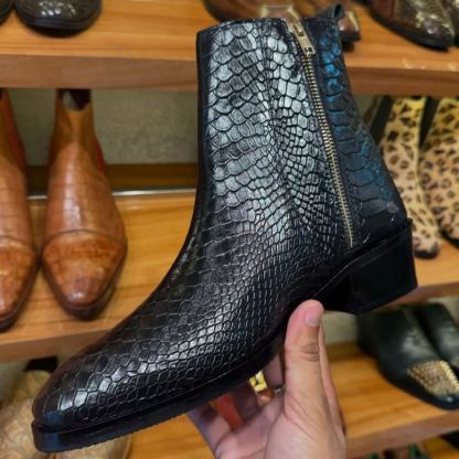 Right angle of exotic black Chelsea boots with glossy texture-Colinshoes