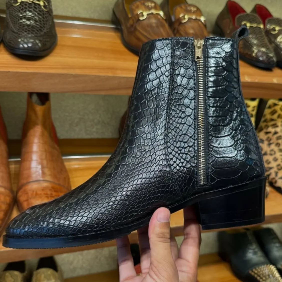 Close-up of snake-texture leather and heel details-Colinshoes