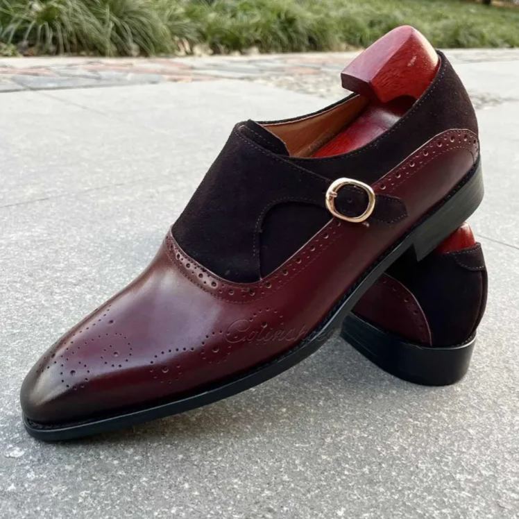 Leather/Suede Monk Strap with Brogue Toe-Colinshoes