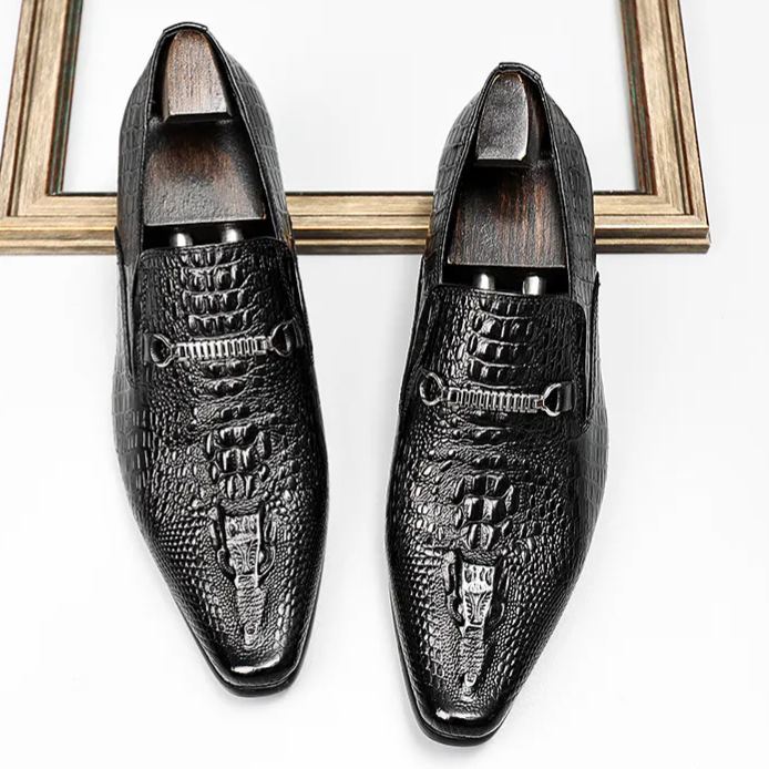 Main view of black crocodile pattern leather loafers with metal buckle-Colinshoes