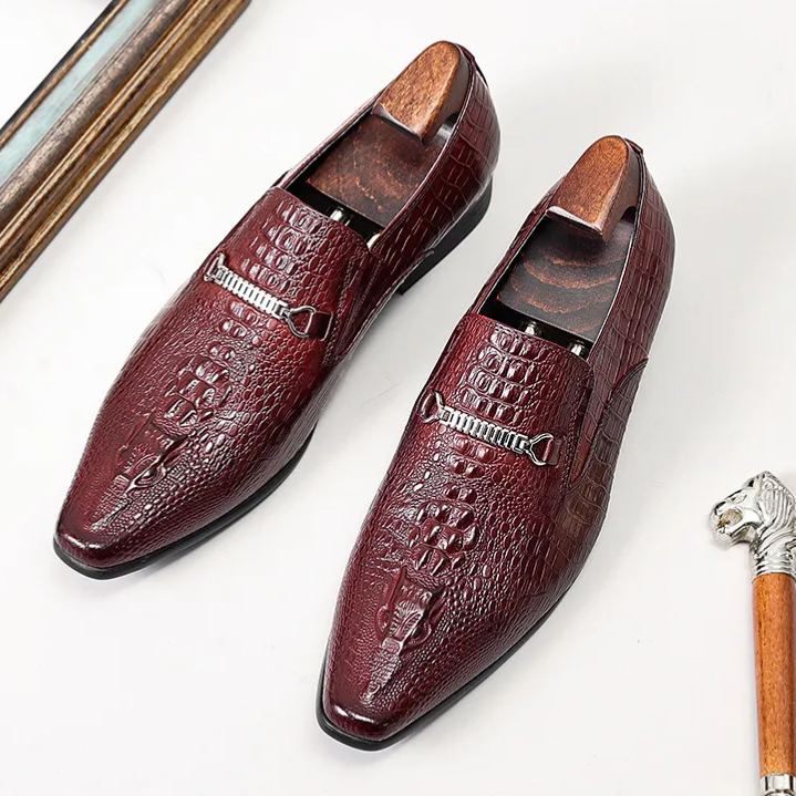 Right-side angle of exotic leather loafers highlighting metal bit detail-Colinshoes
