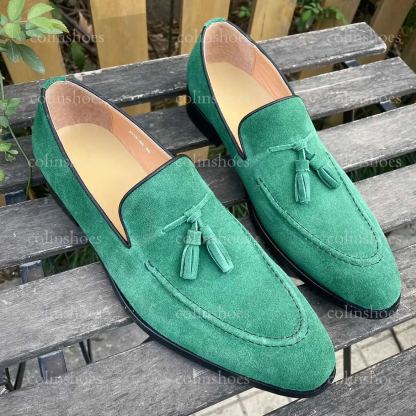 Left angle showing suede texture and tassel details-Colinshoes