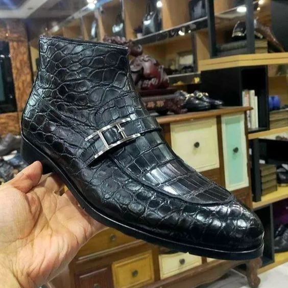 Main view of black crocodile pattern leather boots with silver buckle-Colinshoes