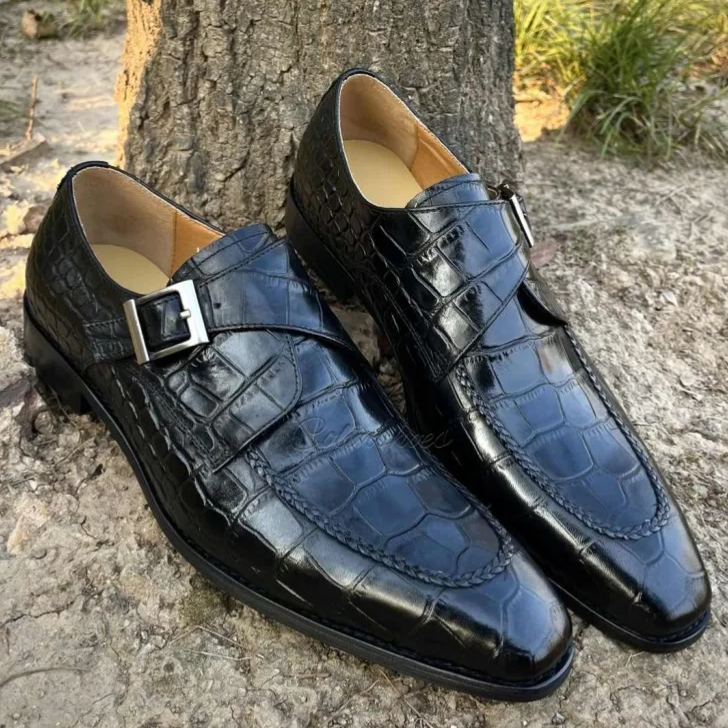 Left angled view showcasing embossed crocodile texture and square toe design-Colinshoes


