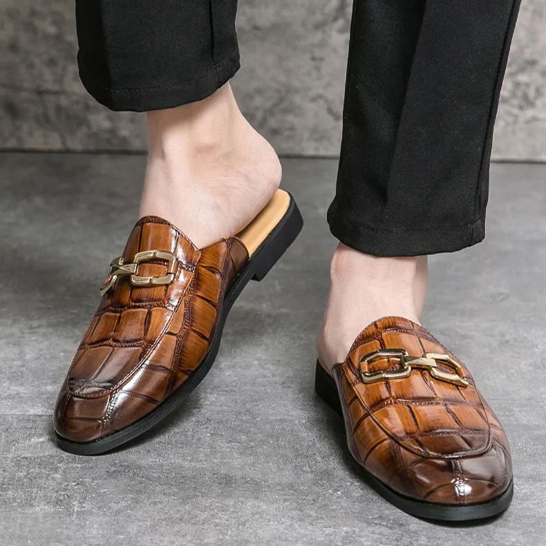 Crocodile Print Horsebit Accent Non-Slip Slides-Colinshoes