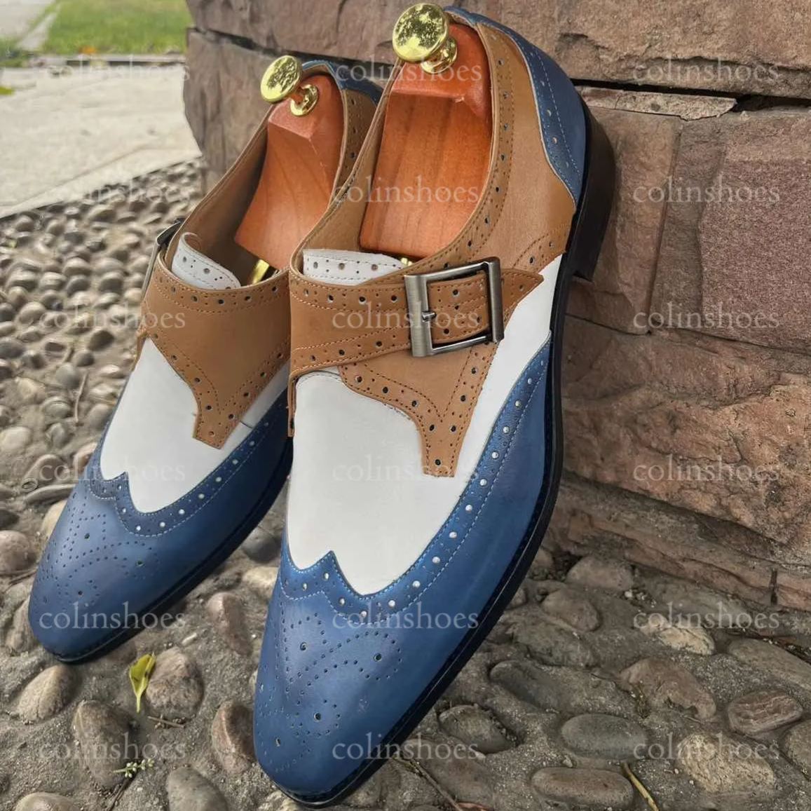 Right side of stylish dual-tone leather monk shoes with buckle strap-Colinshoes