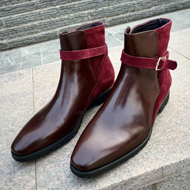Right profile view of polished wine-red leather dress boots-Colinshoes