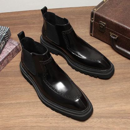 Cognac Burnished Brogue Chelsea Boots with Lug Sole