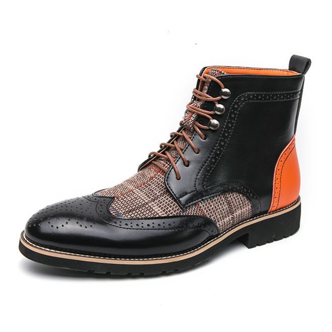 Leather & Plaid Combo Lace-Up Orange Surprise Boots