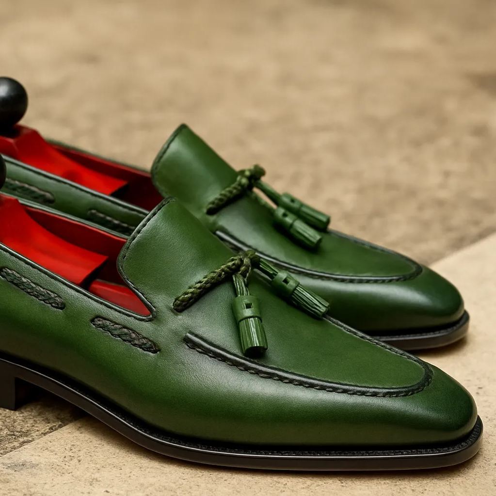 Bold Emerald Green Braided Tassel Loafers