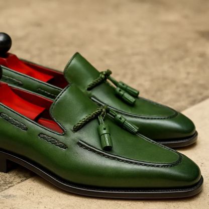 Bold Emerald Green Braided Tassel Loafers