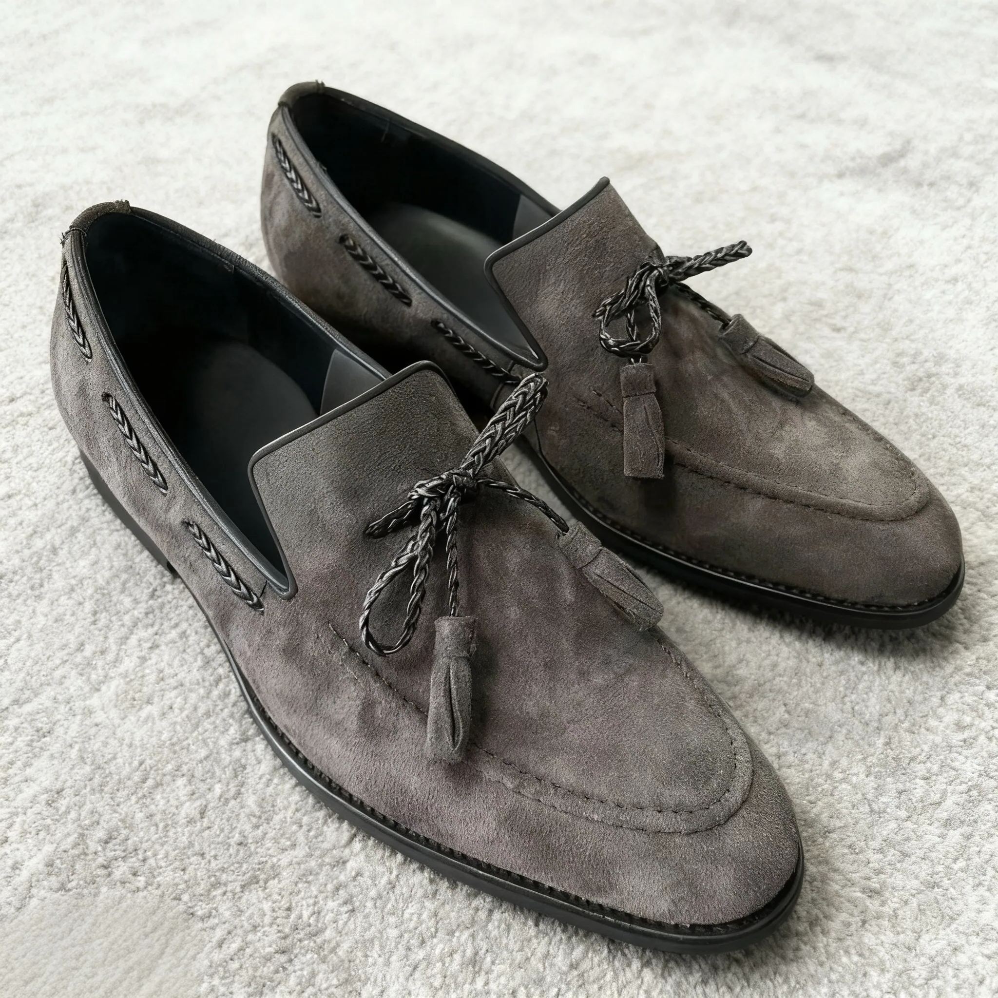 Handcrafted Men’s Grey Suede Tassel Loafers