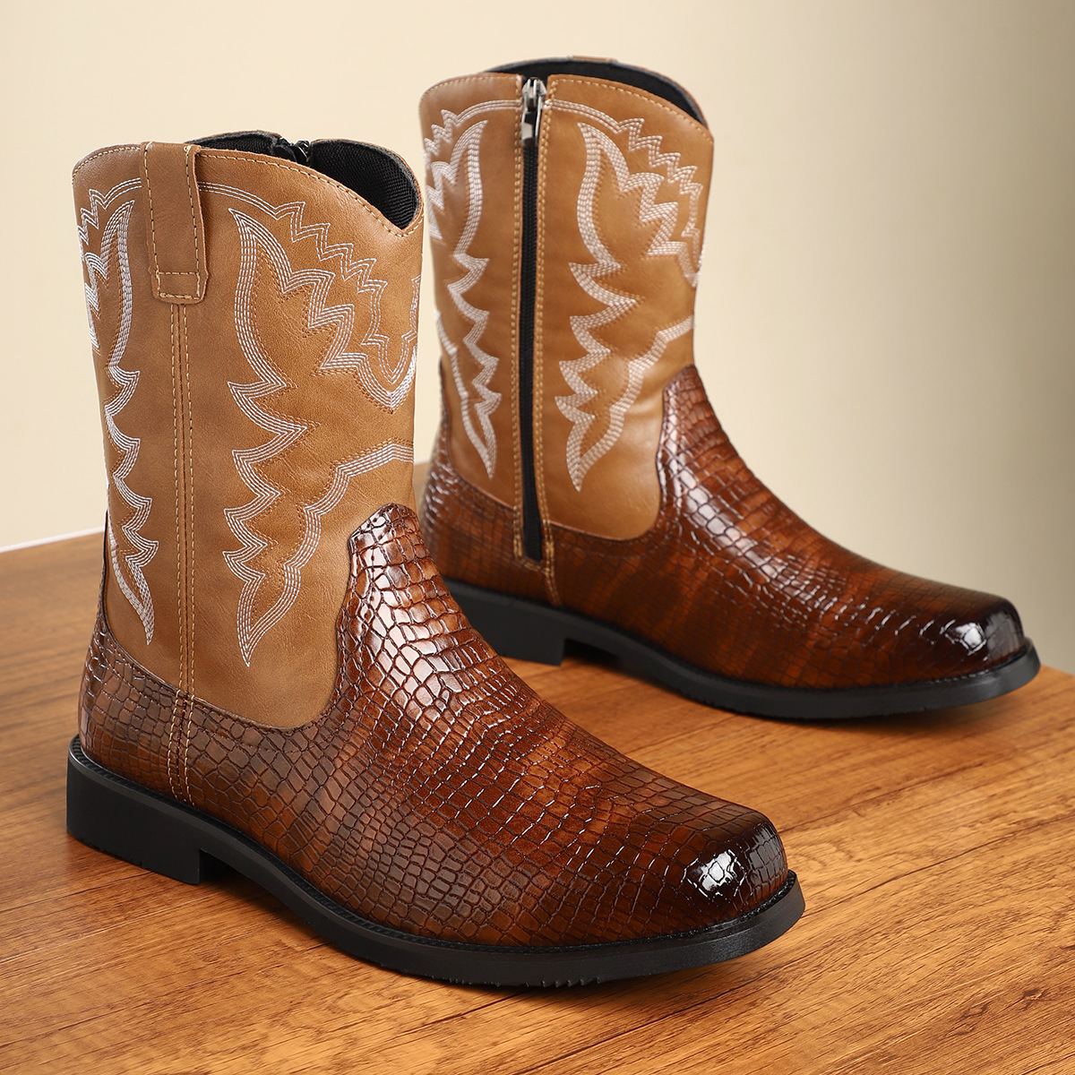 Two-Tone Side Zipper Western Croc-Embossed Leather Boots