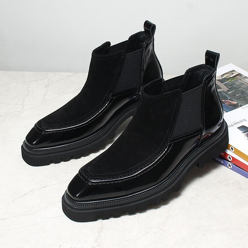 Premium Black Suede Gloss Leather Chelsea Boots