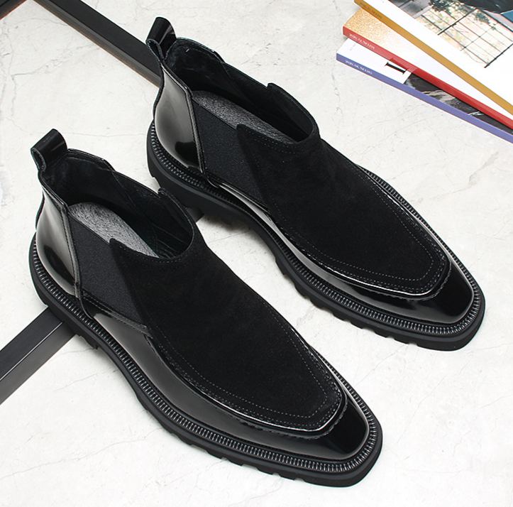 Premium Black Suede Gloss Leather Chelsea Boots