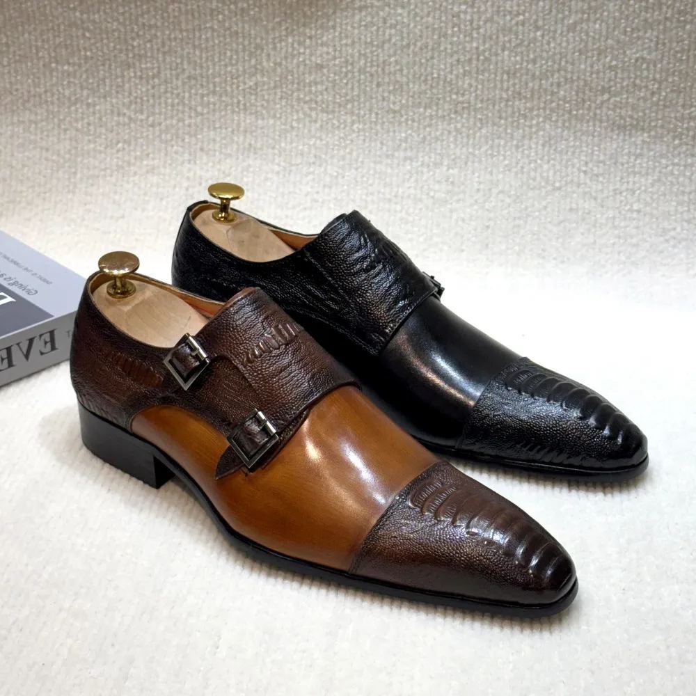 Ostrich-Embossed Double Monk Strap Dress Shoes