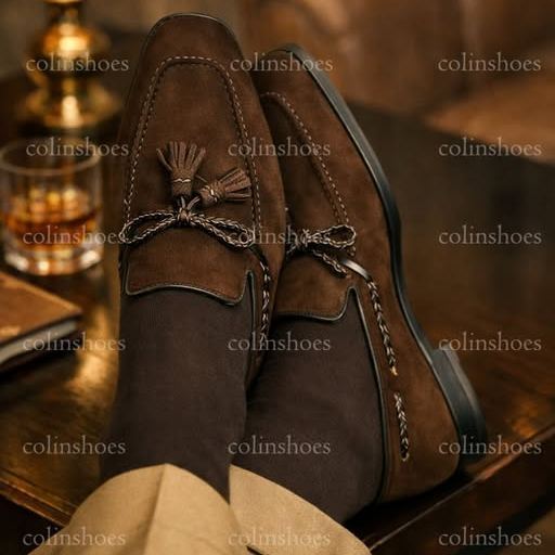 Handcrafted Men’s Grey Suede Tassel Loafers