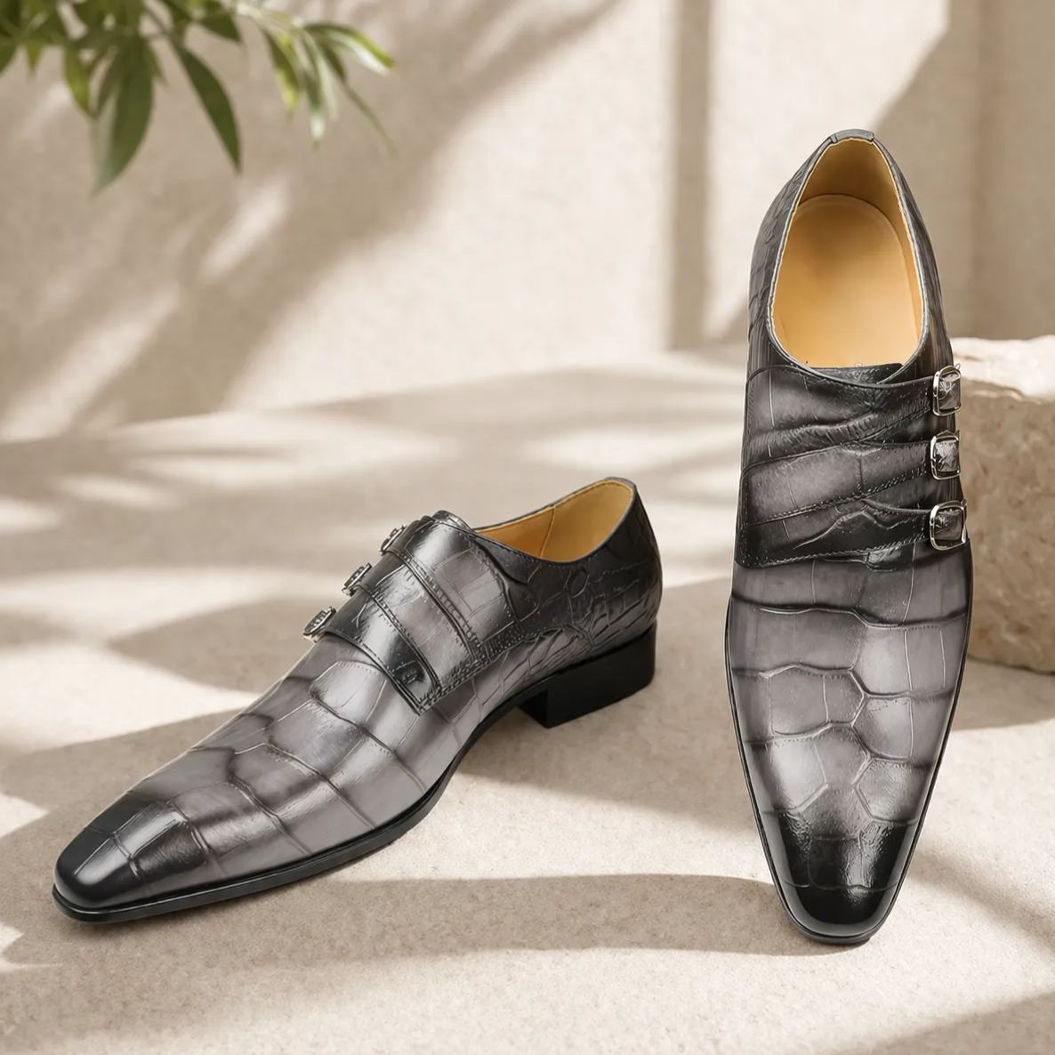 Triple Strap Pointed Exotic Monk Shoes