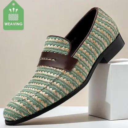 Right angle showing vintage woven texture and brown leather detail-Colinshoes
