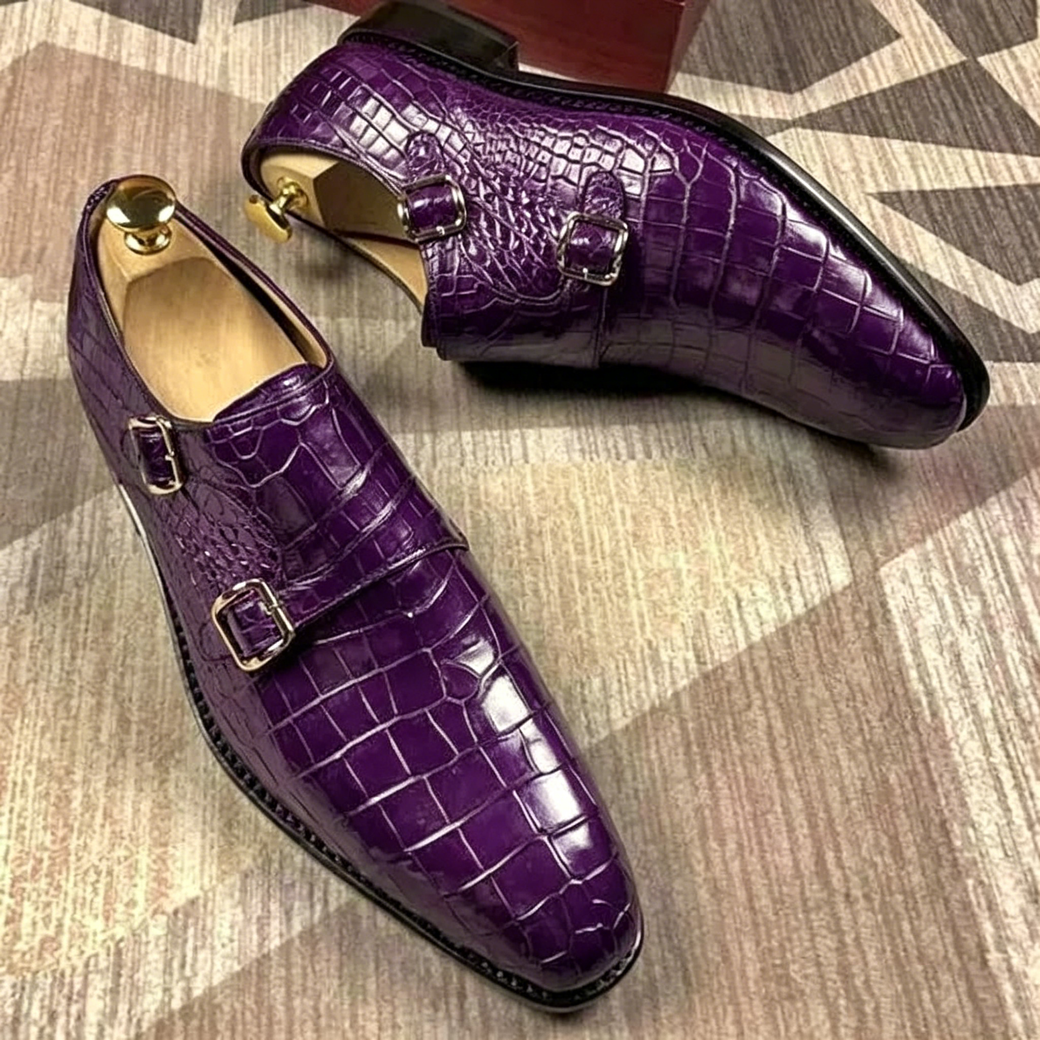 Croc-Texture Double Monk Straps Shoes for Men | colinshoes