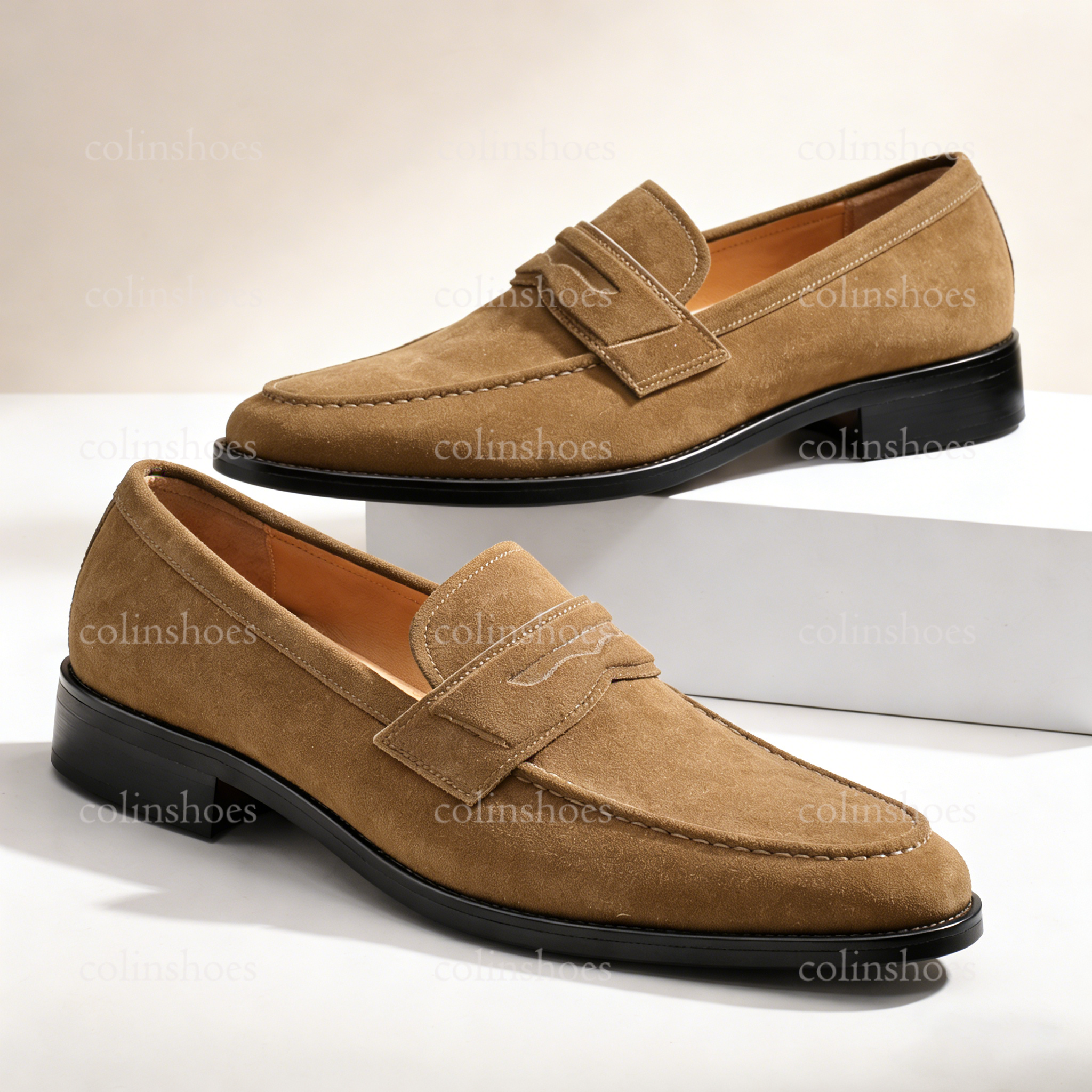 Beige Suede Penny Loafers – Moc Toe - Casual Comfort – Colinshoes