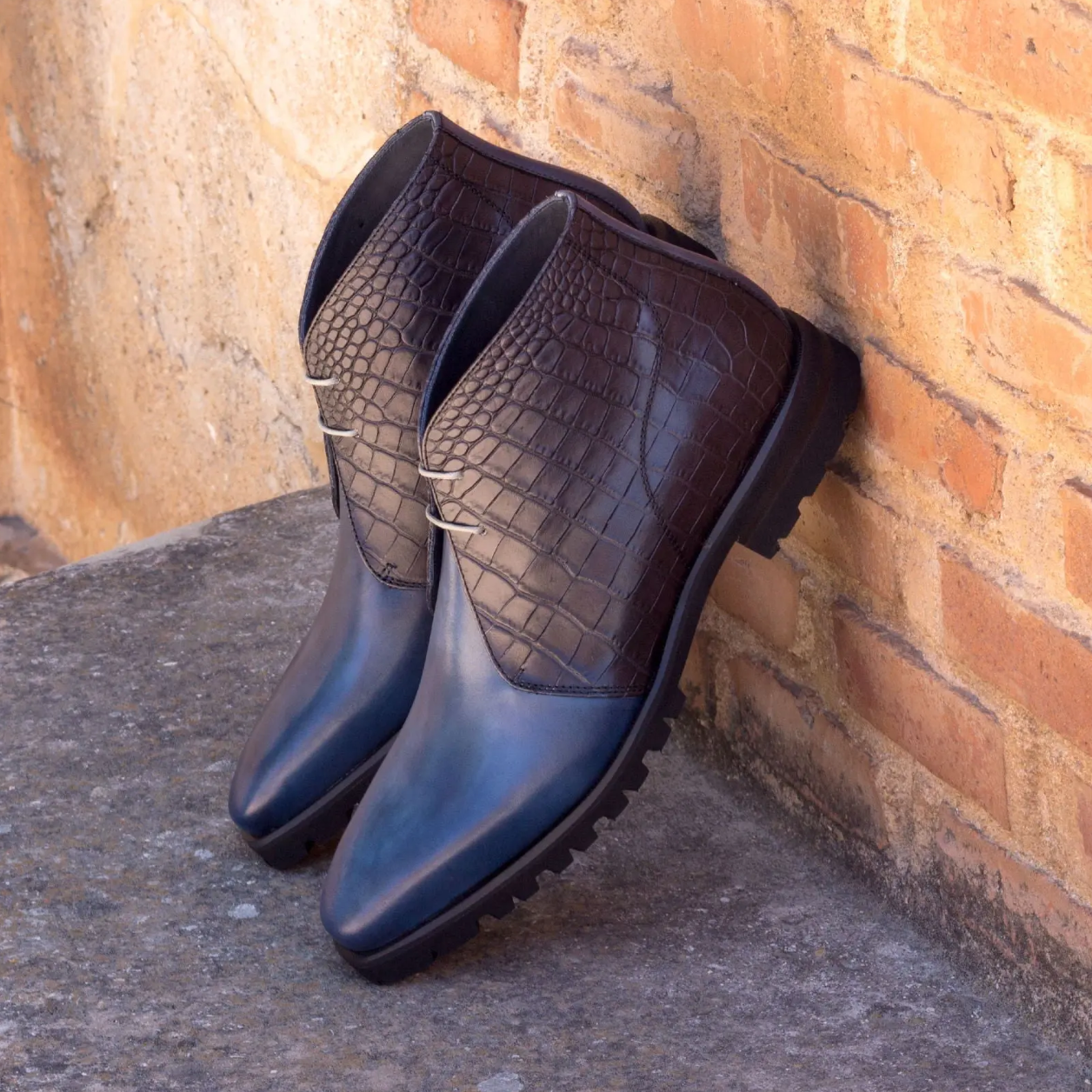 Navy & Black Croc-Embossed Leather Chukka Boots