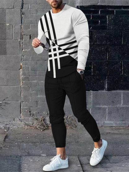 Men's fashion casual color combination geometric print long sleeve two-piece set