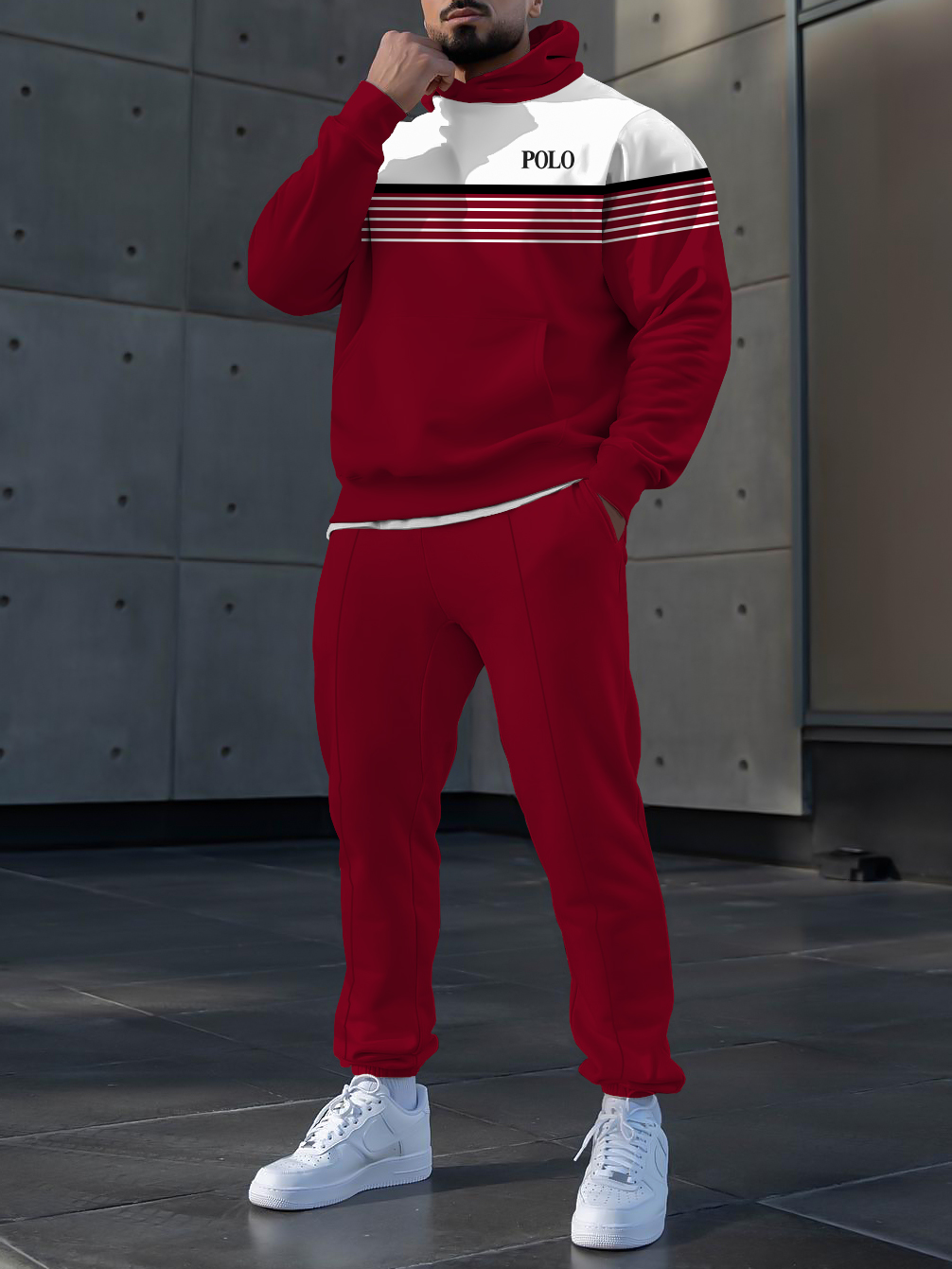 Men's fashion casual red striped printed hoodie two-piece set
