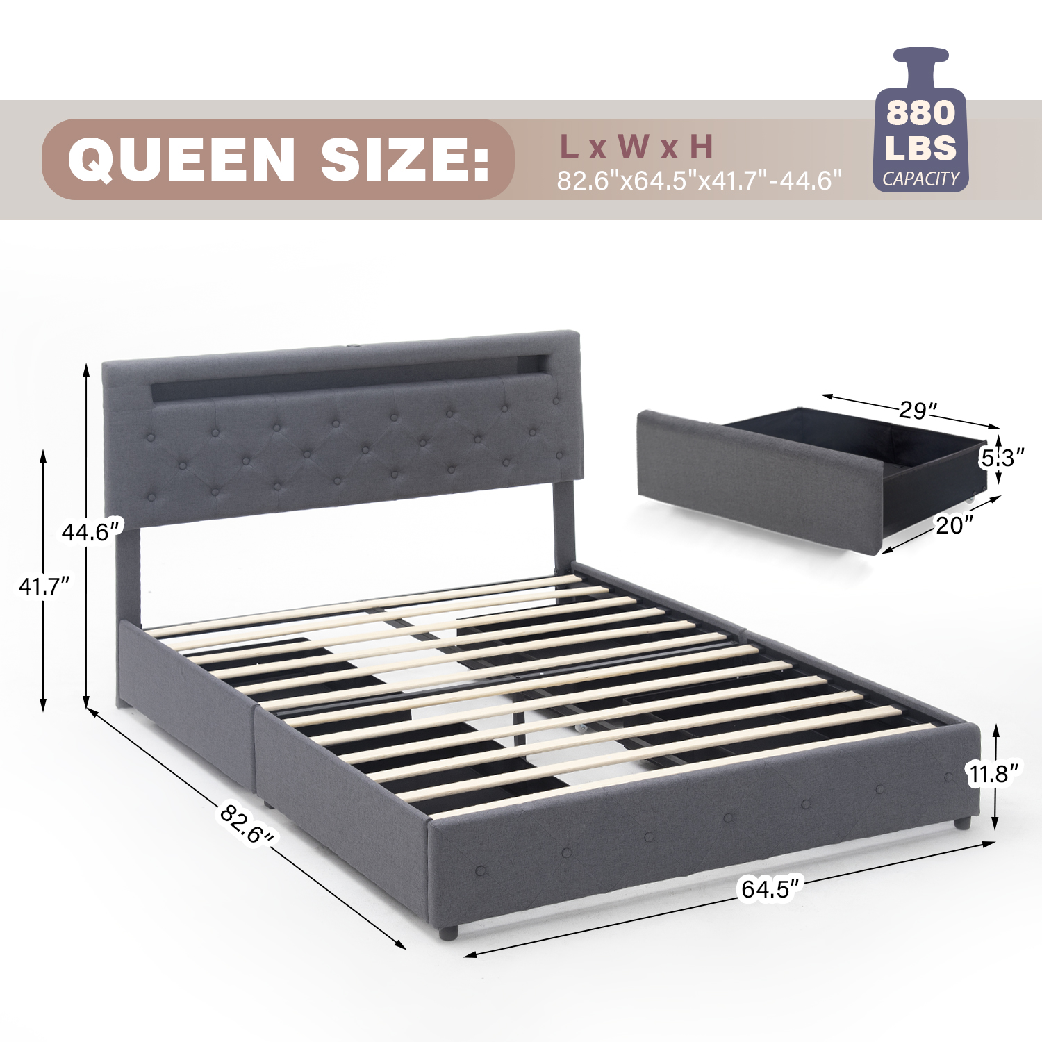 QUEEN Size Bed Frame with LED Light Headboard, Upholstered Platform Bed with 4 Drawers, Adjustable LED Lights Headboard